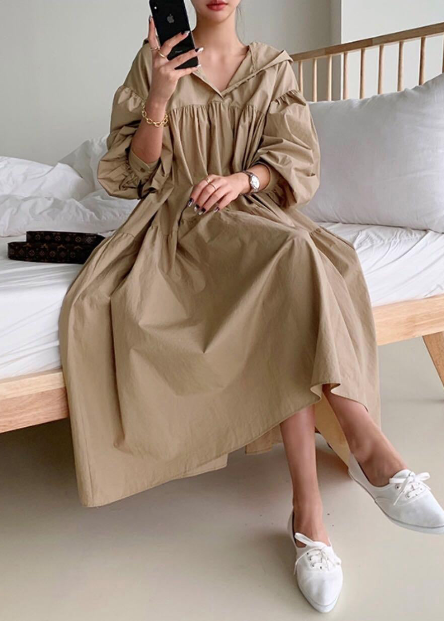 Exra Dress Hooded Large Cotton Holiday Size Coffee Hem Plus Fall FashionChic