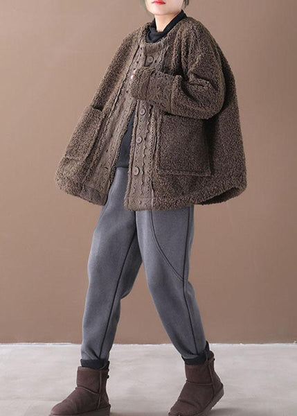 Plus Size Coffee O-Neck Pockets Casual Fall Winter Thick Coats Long sleeve QS042 WT-WG-CTS210914