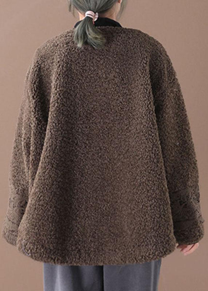 Plus Size Coffee O-Neck Pockets Casual Fall Winter Thick Coats Long sleeve QS042 WT-WG-CTS210914