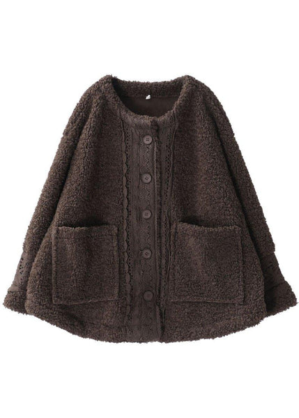 Plus Size Coffee O-Neck Pockets Casual Fall Winter Thick Coats Long sleeve QS042 WT-WG-CTS210914