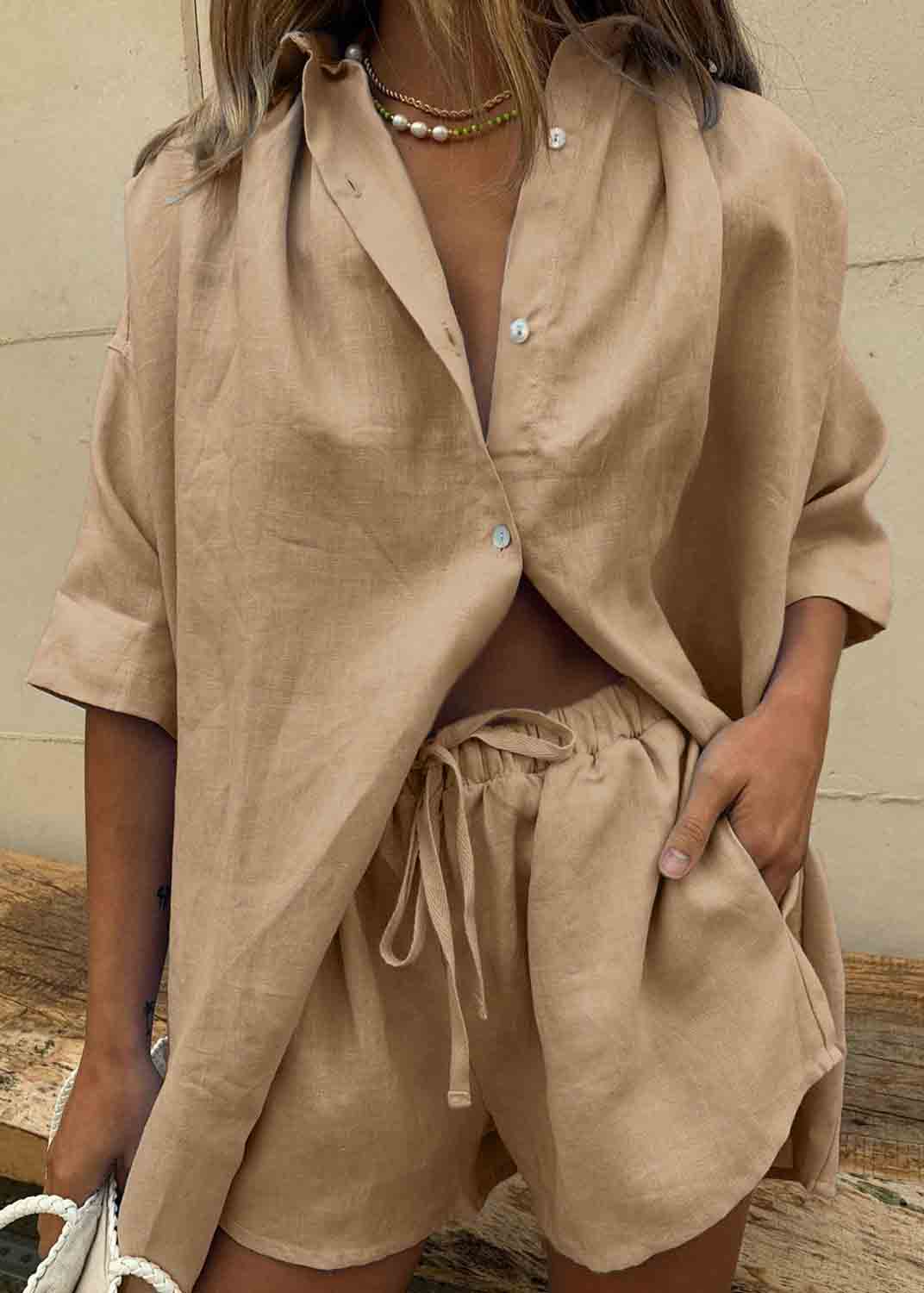 Oversized Set Plus Size Summer Two Pieces Coffee Linen FashionChic