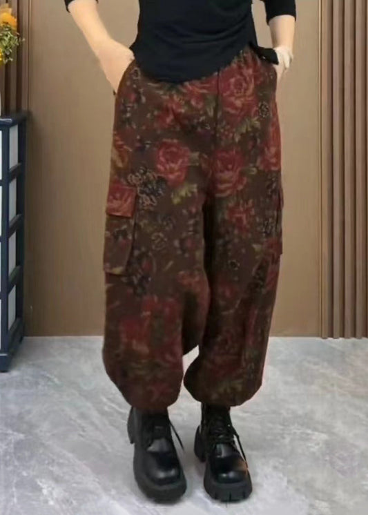 Plus Size Coffee Pockets Print Elastic Waist Cotton Pants Spring BV061 MZF-LPTS240702