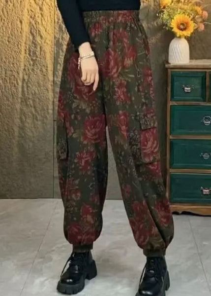 Plus Size Coffee Pockets Print Elastic Waist Cotton Pants Spring BV061 MZF-LPTS240702