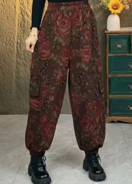 Plus Size Coffee Pockets Print Elastic Waist Cotton Pants Spring BV061 MZF-LPTS240702