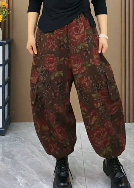 Plus Size Coffee Pockets Print Elastic Waist Cotton Pants Spring BV061 MZF-LPTS240702