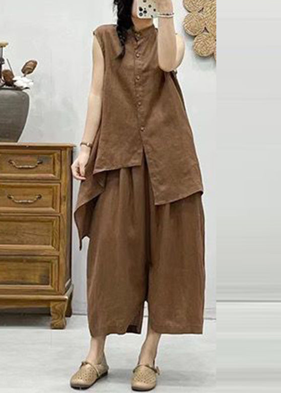 Plus Size Coffee Stand Collar Asymmetrical Patchwork Linen Waistcoat And Crop Pants Two Pieces Set Summer VV075 HS-TPIEC240627