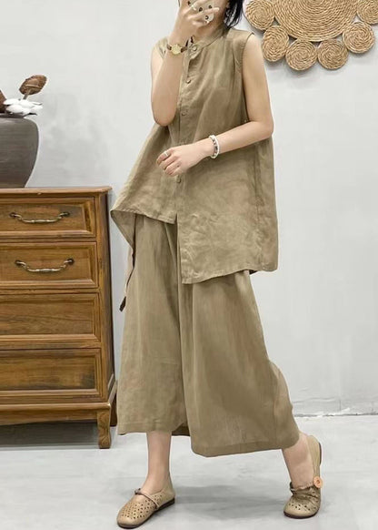 Plus Size Coffee Stand Collar Asymmetrical Patchwork Linen Waistcoat And Crop Pants Two Pieces Set Summer VV075 HS-TPIEC240627