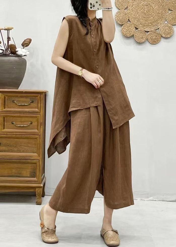 Plus Size Coffee Stand Collar Asymmetrical Patchwork Linen Waistcoat And Crop Pants Two Pieces Set Summer VV075 HS-TPIEC240627