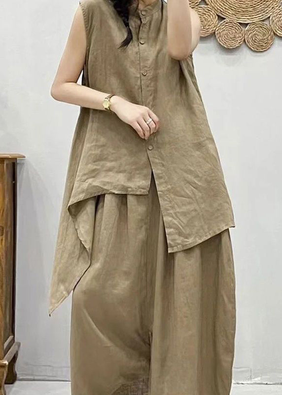 Plus Size Coffee Stand Collar Asymmetrical Patchwork Linen Waistcoat And Crop Pants Two Pieces Set Summer VV075 HS-TPIEC240627