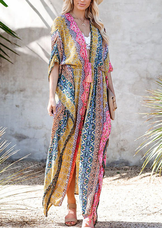 Plus Size Colorblock V-Neck Print Tie Waist Swimwear Long Beach Dress VC062 WM-Beach-LYQ240615