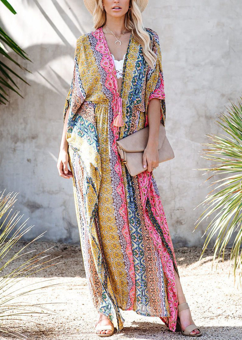 Plus Size Colorblock V-Neck Print Tie Waist Swimwear Long Beach Dress VC062 WM-Beach-LYQ240615