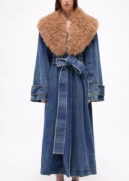 Plus Size Denim Blue Fur Collar Patchwork Tie Waist Long Trench Coats Winter RP002 ABC