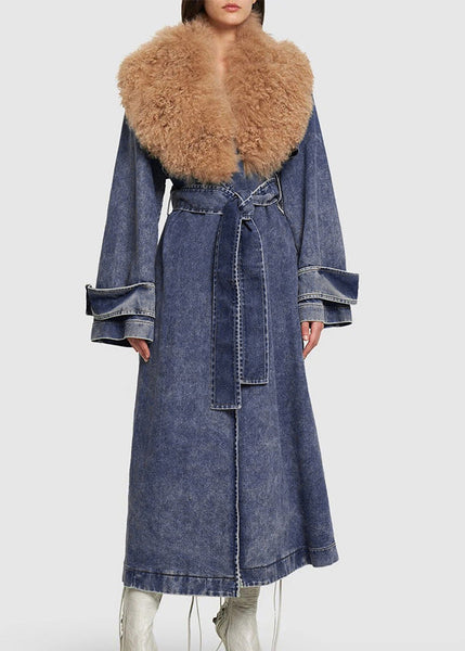 Plus Size Denim Blue Fur Collar Patchwork Tie Waist Long Trench Coats Winter RP002 ABC