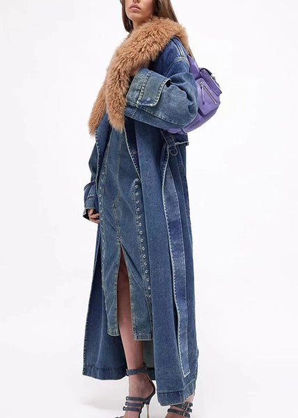 Plus Size Denim Blue Fur Collar Patchwork Tie Waist Long Trench Coats Winter RP002 ABC