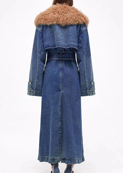 Plus Size Denim Blue Fur Collar Patchwork Tie Waist Long Trench Coats Winter RP002 ABC