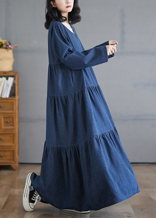 Patchwork Denim Fall Blue Size Long Dresses Plus O-Neck Wrinkled FashionChic