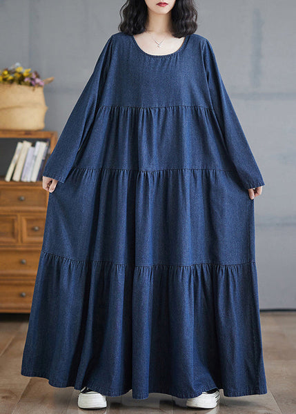 Patchwork Denim Fall Blue Size Long Dresses Plus O-Neck Wrinkled FashionChic