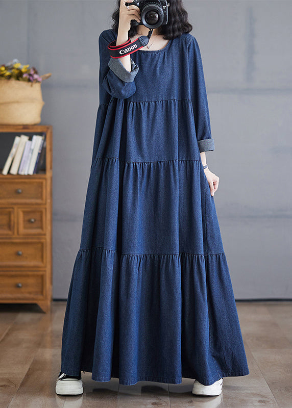 Patchwork Denim Fall Blue Size Long Dresses Plus O-Neck Wrinkled FashionChic