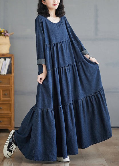 Patchwork Denim Fall Blue Size Long Dresses Plus O-Neck Wrinkled FashionChic