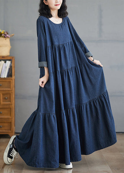 Patchwork Denim Fall Blue Size Long Dresses Plus O-Neck Wrinkled FashionChic