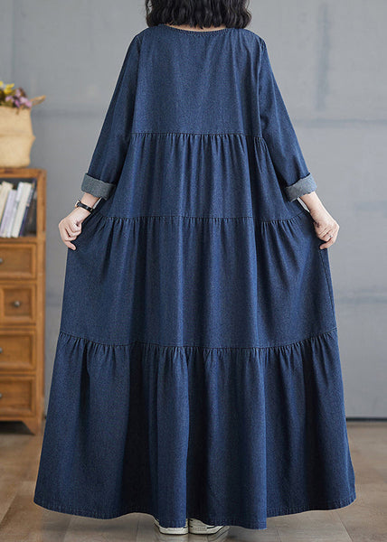 Patchwork Denim Fall Blue Size Long Dresses Plus O-Neck Wrinkled FashionChic