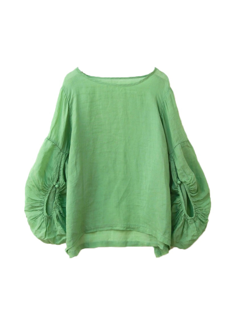 Plus Size Grass Green O Neck Patchwork Cotton Top Lantern Sleeve QK017 BB-HTP241022