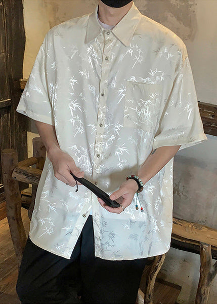 Plus Size Green Button Print Ice Silk Men Shirts Short Sleeve YT063 Men-Silk-MENSTP240721