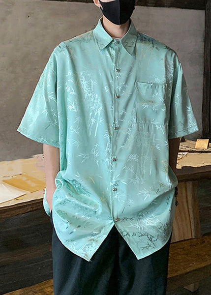 Plus Size Green Button Print Ice Silk Men Shirts Short Sleeve YT063 Men-Silk-MENSTP240721