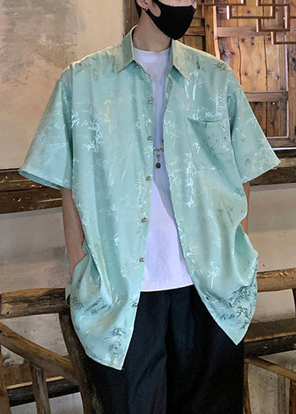 Plus Size Green Button Print Ice Silk Men Shirts Short Sleeve YT063 Men-Silk-MENSTP240721