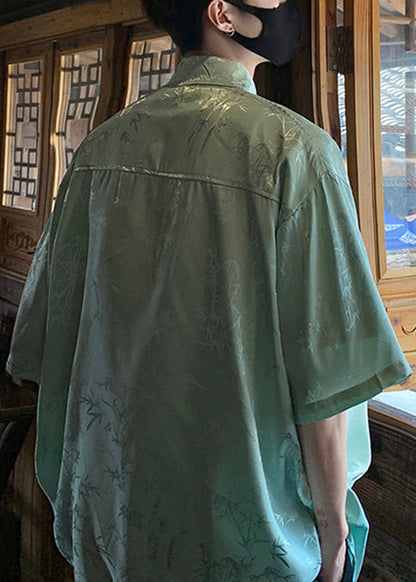 Plus Size Green Button Print Ice Silk Men Shirts Short Sleeve YT063 Men-Silk-MENSTP240721