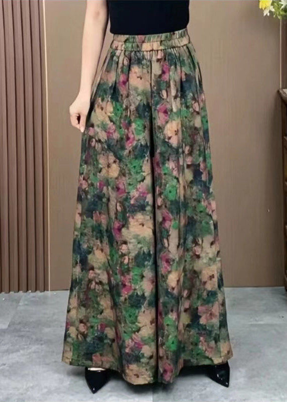 Silk Elastic Wide Ice Pants Print Green Plus Waist Size Leg FashionChic