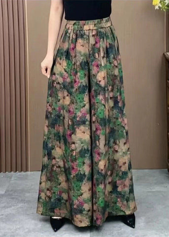 Silk Elastic Wide Ice Pants Print Green Plus Waist Size Leg FashionChic