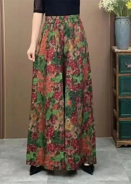 Silk Elastic Wide Ice Pants Print Green Plus Waist Size Leg FashionChic
