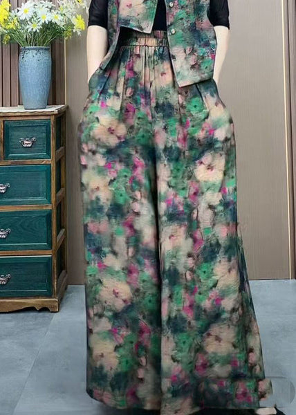 Silk Elastic Wide Ice Pants Print Green Plus Waist Size Leg FashionChic