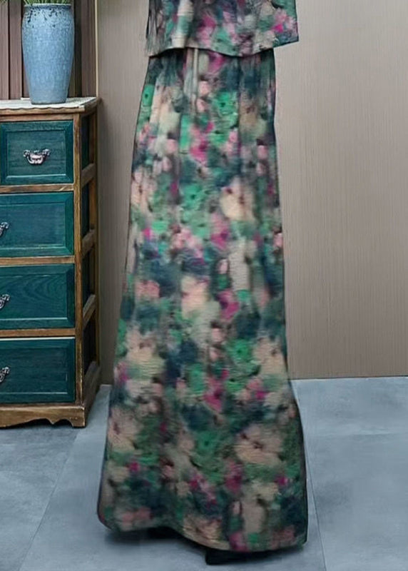 Silk Elastic Wide Ice Pants Print Green Plus Waist Size Leg FashionChic