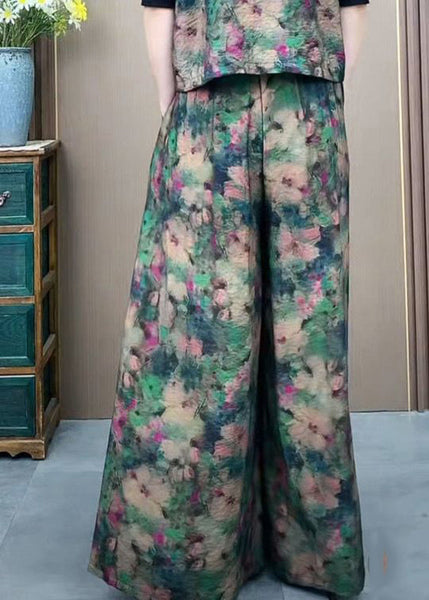 Silk Elastic Wide Ice Pants Print Green Plus Waist Size Leg FashionChic