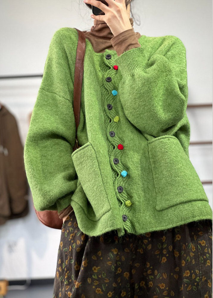 Plus Size Green O Neck Pockets Button Knit Coat Spring TJ008