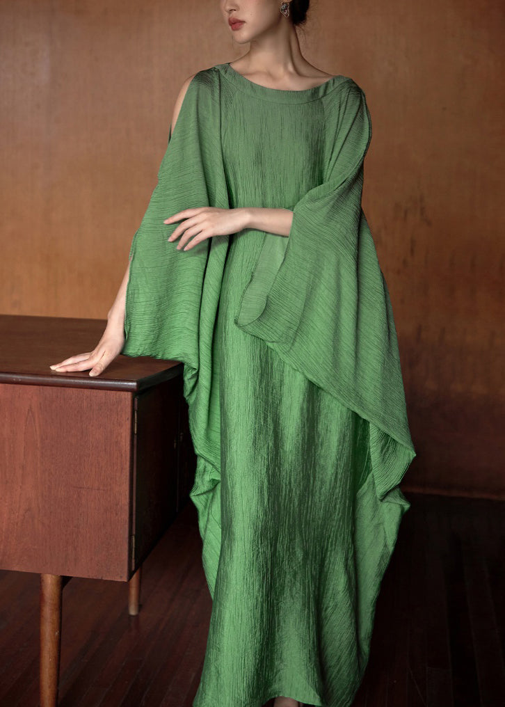 Plus Size Green O Neck Solid Cotton Long Dress Batwing Sleeve EE1049 SH-LF-SDL240517