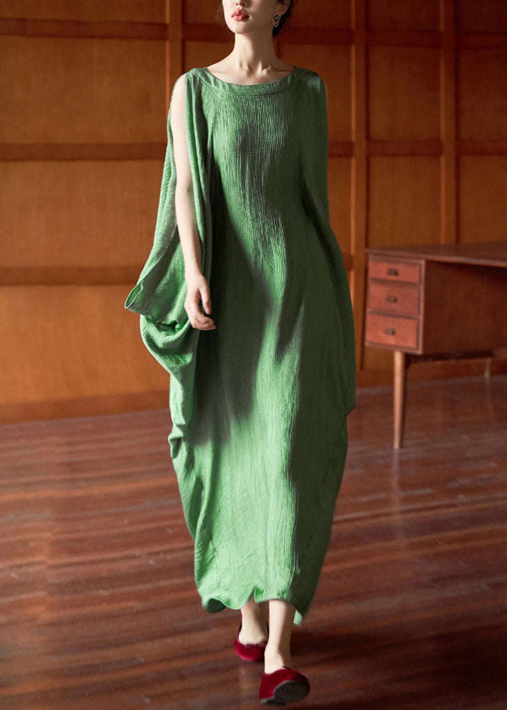 Plus Size Green O Neck Solid Cotton Long Dress Batwing Sleeve EE1049 SH-LF-SDL240517