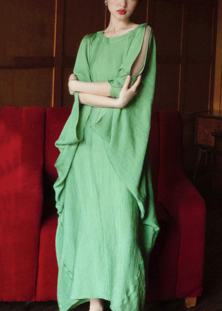 Plus Size Green O Neck Solid Cotton Long Dress Batwing Sleeve EE1049 SH-LF-SDL240517