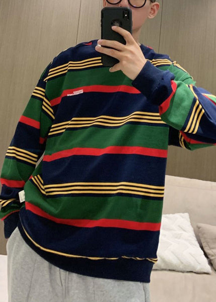 Plus Size Green O Neck Striped Cotton T Shirt Men Casual Clothing Fall WJ018 MENT241119