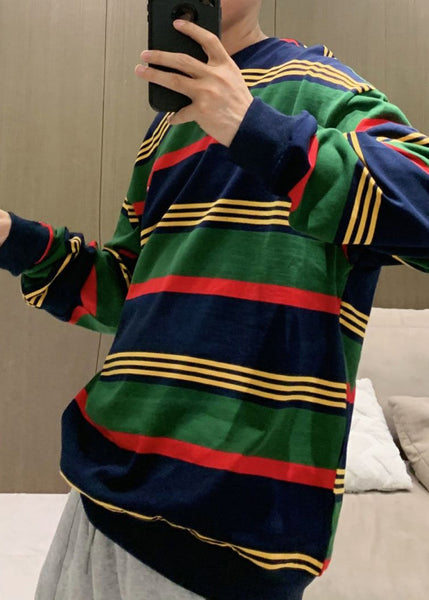 Plus Size Green O Neck Striped Cotton T Shirt Men Casual Clothing Fall WJ018 MENT241119