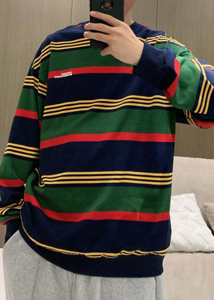 Plus Size Green O Neck Striped Cotton T Shirt Men Casual Clothing Fall WJ018 MENT241119