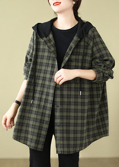 Plus Size Green Plaid Cotton Hooded Shirts Coat Spring TJ028