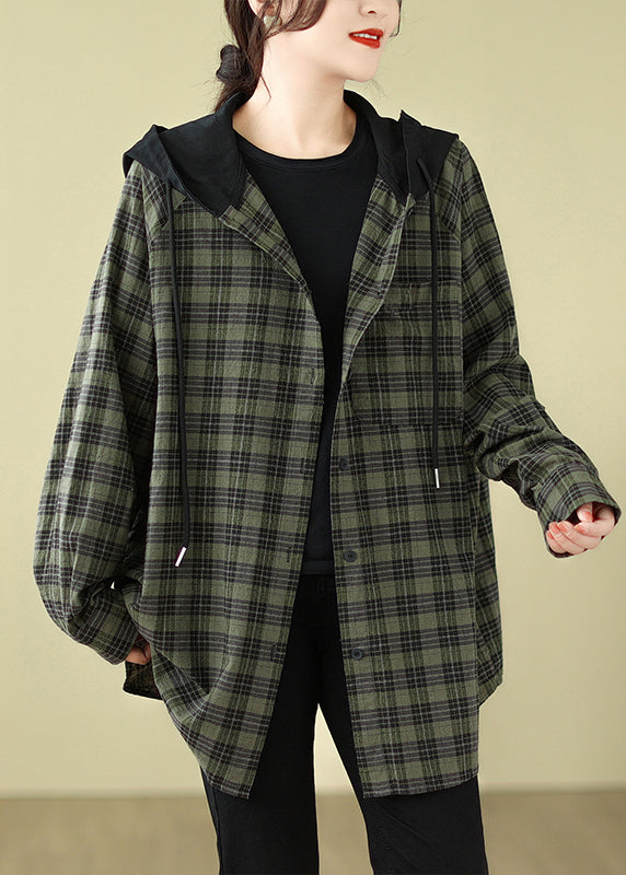 Plus Size Green Plaid Cotton Hooded Shirts Coat Spring TJ028