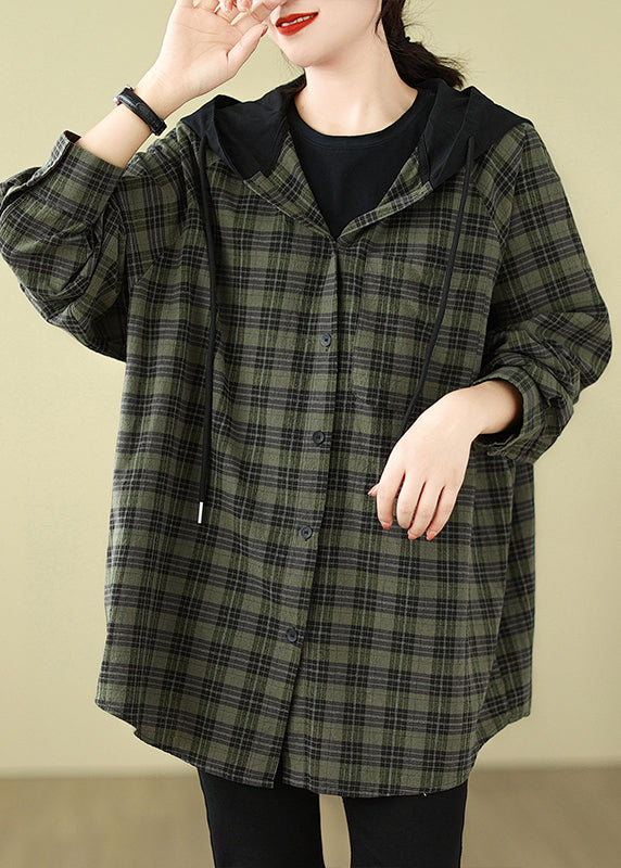 Plus Size Green Plaid Cotton Hooded Shirts Coat Spring TJ028