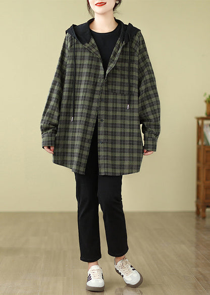 Plus Size Green Plaid Cotton Hooded Shirts Coat Spring TJ028