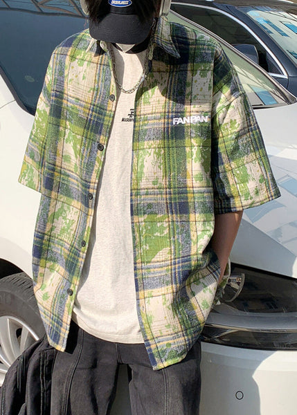 Summer Men Green Plaid Shirts Size Tie Plus Cotton Dye FashionChic