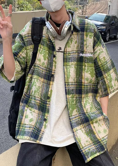 Summer Men Green Plaid Shirts Size Tie Plus Cotton Dye FashionChic