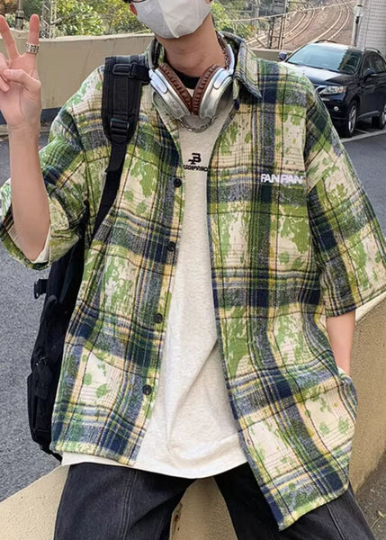 Summer Men Green Plaid Shirts Size Tie Plus Cotton Dye FashionChic